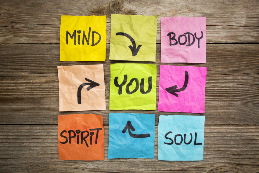 mind, body, spirit, soul and you - balance or wellbeing concept - handwriting on colorful sticky notes against grained wood